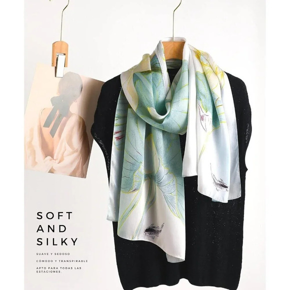 Women's Silk Green Lotus Leaves Long Scarf Shawl for Head Neck and Hair Wrap - Picture 9 of 10